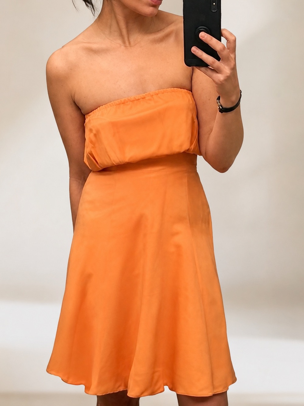 SHAREEN AGAIN Peach 100% Reworked Vintage Silk Strapless Flared Hem Midi Dress S